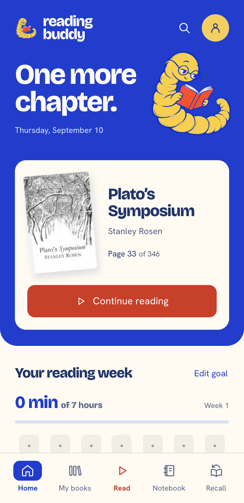 Example of the redesigned Reading Buddy home, with a current book and weekly reading activity