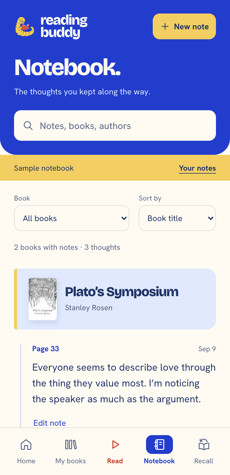 Example notebook showing searchable thoughts organized by book