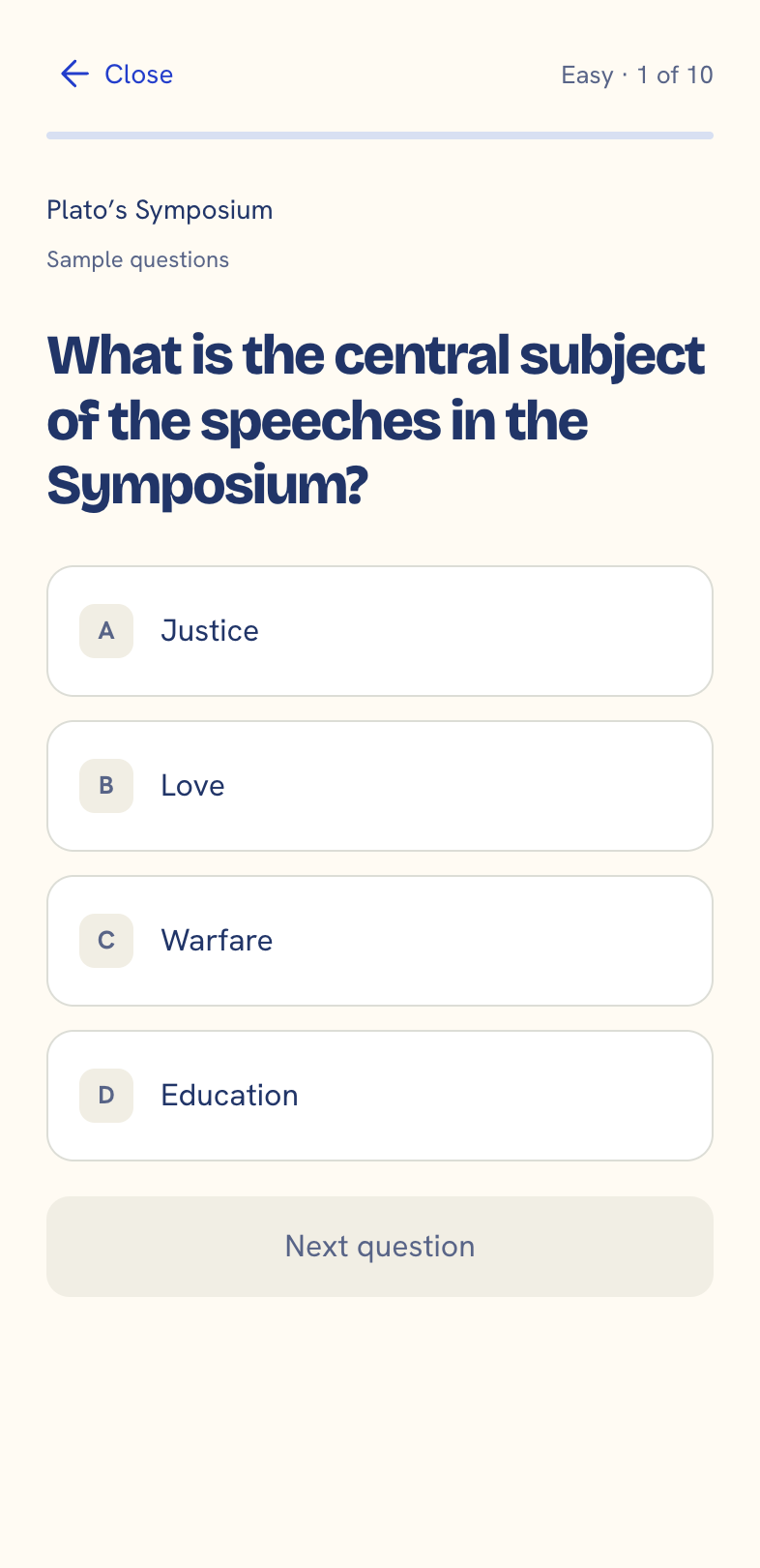 Example recall quiz about a book, with a question and multiple choice answers